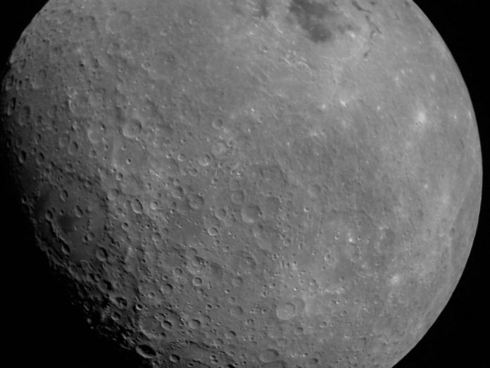 First photo of the moon from Chandrayaan 2 shows the Mare Orientale basin in the top right-of-centre, and the Apollo crater in the centre-right of the image. Image: ISRO