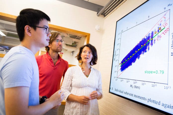 Marine Denolle (right) and her team, including Jiuxun Yin (left) and Brad Lipovsky, created numerical models to predict an earthquake’s final magnitude 10 to 15 seconds faster than today’s best algorithms. Stephanie Mitchell/Harvard Staff Photographer