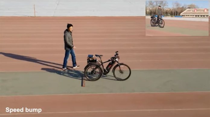 A screenshot from the video of an autonomous bicycle – equipped with a Tianjic chip.