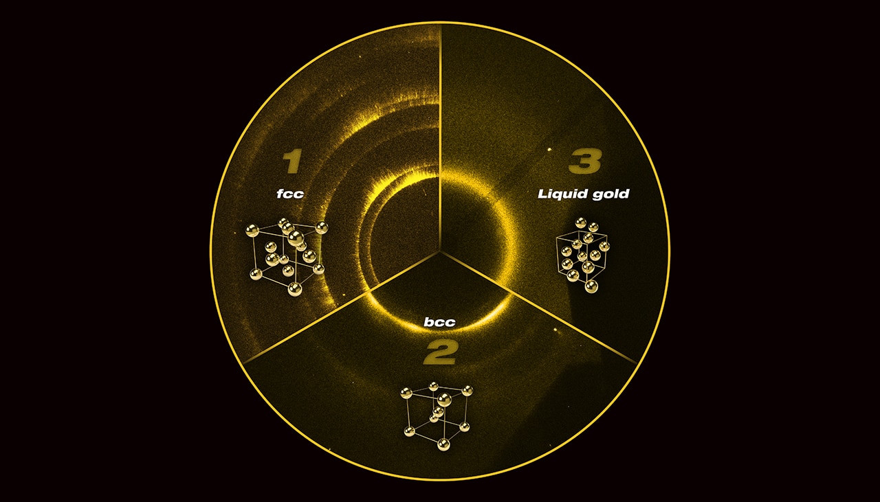 This graphic shows three of the raw images collected at Argonne National Laboratory’s Dynamic Compression Sector, highlighting the diffracted signals recorded on the X-ray detector. Section 1 shows the starting face-centered cubic structure; Section 2 shows the new body-centered cubic structure at 220 GPa; and Section 3 shows the liquid gold at 330 GPa