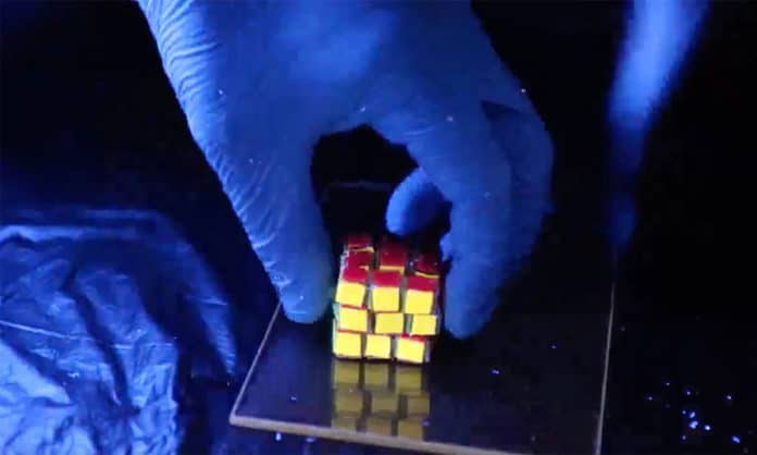 A new Rubik's Cube-like structure made of a self-healing hydrogel might inspire new ways to store information and possibly help patients monitor their medical conditions. Image courtesy of Xiaofan Ji.