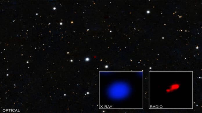 Data from NASA’s Chandra X-ray Observatory have revealed what may be the most distant shrouded black hole. Credits: X-ray: NASA/CXO/Pontificia Universidad Catolica de Chile/F. Vito; Radio: ALMA (ESO/NAOJ/NRAO); optical: Pan-STARRS