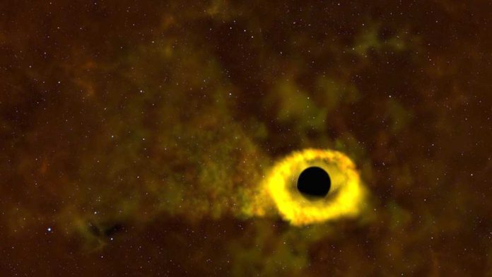 This illustration shows a tidal disruption, which occurs when a passing star gets too close to a black hole and is torn apart into a stream of gas. Some of the gas eventually settles into a structure around the black hole called an accretion disk. Credit: NASA's Goddard Space Flight Center