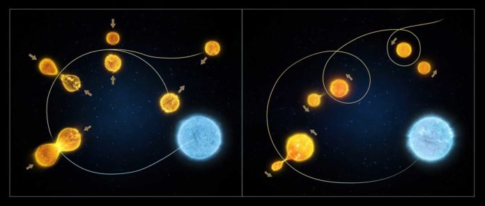 This illustration demonstrates the two ways that blue stragglers in star clusters form. The illustration on the left shows the collision model where two low-mass stars in an overcrowded environment experience a head-on collision, combining their fuel and mass to form a single hot star. The illustration on the right depicts the 