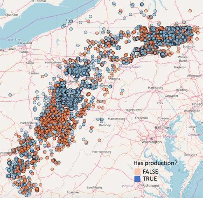 Penn State researchers detail a method for approximating available gas in untapped areas using well production data taken from more than 5,600 existing wells in the Marcellus Shale region. That could lead to more economical location of natural gas with less disturbance on the region's geology. IMAGE: Penn State