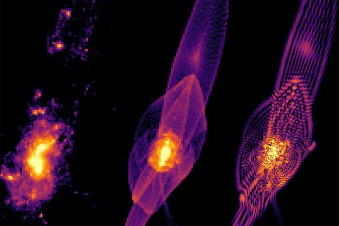 A simulation of early galaxy formation under three dark matter scenarios. In a universe filled with cold dark matter, early galaxies would first form in bright halos (far left). If dark matter is instead warm, galaxies would form first in long, tail-like filaments (center). Fuzzy dark matter would produce similar filaments, though striated (far right), like the strings of a harp.