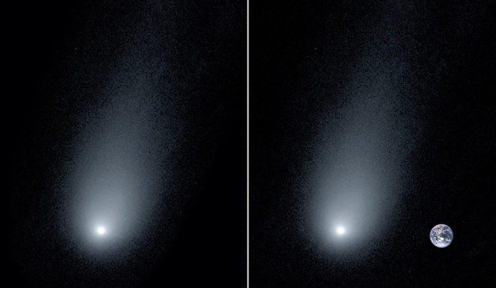 Left: A new image of the interstellar comet 2l/Borisov. Right: A composite image of the comet with a photo of the Earth to show scale. (Pieter van Dokkum, Cheng-Han Hsieh, Shany Danieli, Gregory Laughlin)