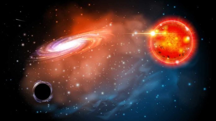 An artist's rendering of the black hole astrophysicists identified in this study. The black hole (bottom left) is seen near a red giant star. The discovery shows there may be an entire class of black holes astronomers did not know existed. Ohio State image by Jason Shults