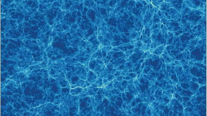 A simulation showing a section of the Universe at its broadest scale. A web of cosmic filaments forms a lattice of matter, enclosing vast voids. Credit: Tiamat simulation, Greg Poole.