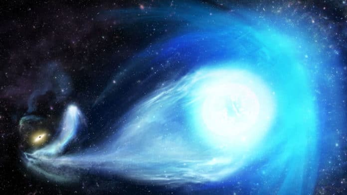 An artist's impression of the Milky Way's big black hole flinging the star from the galaxy's centre. Credit: James Josephides (Swinburne Astronomy Productions)