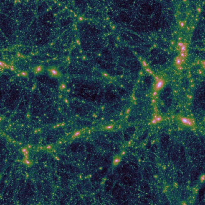 Dark matter drives the structure formation and constructs potential wells within which galaxies could form. The figure illustrates the structure in the simulated universe in a box of 200 million light years each side. It is color coded by the black, green, yellow, pink and white from low to high density regions.(Credit: NAOC)