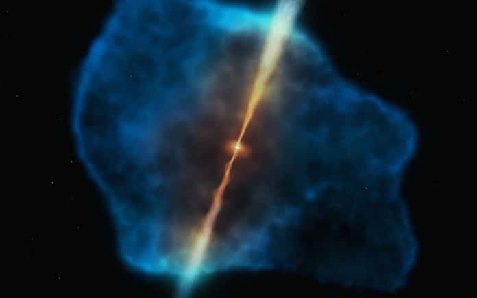 This illustration depicts a gas halo surrounding a quasar in the early Universe. The quasar, in orange, has two powerful jets and a supermassive black hole at its centre, which is surrounded by a dusty disc. The gas halo of glowing hydrogen gas is represented in blue. A team of astronomers surveyed 31 distant quasars, seeing them as they were more than 12.5 billion years ago, at a time when the Universe was still an infant, only about 870 million years old. They found that 12 quasars were surrounded by enormous gas reservoirs: halos of cool, dense hydrogen gas extending 100 000 light years from the central black holes and with billions of times the mass of the Sun. These gas stashes provide the perfect food source to sustain the growth of supermassive black holes in the early Universe.