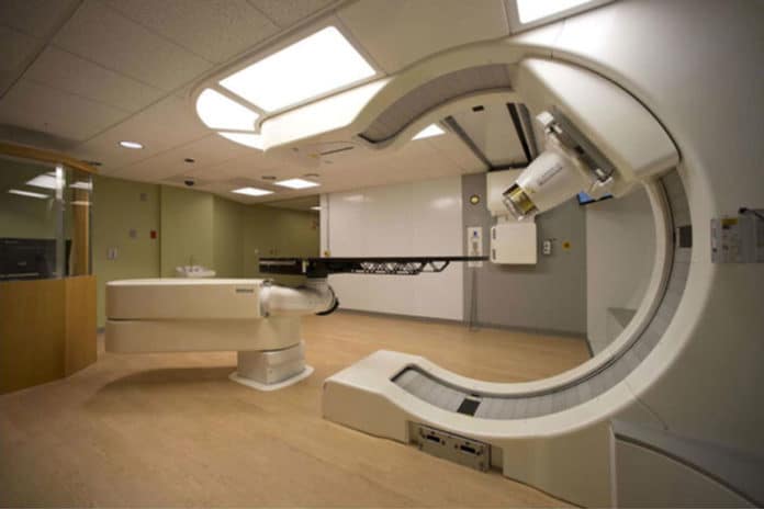 A new study suggests proton therapy is as effective as traditional X-ray radiation therapy while causing fewer serious side effects. Pictured is proton therapy equipment at Siteman Cancer Center at Barnes-Jewish Hospital and Washington University School of Medicine. (Photo: Mevion Medical Systems)