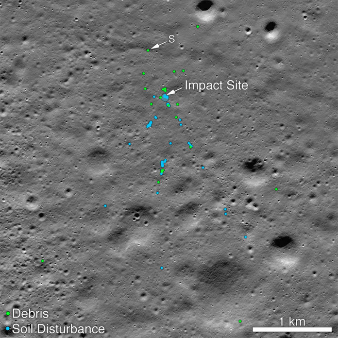 This image shows the Vikram Lander impact point and associated debris field. Green dots indicate spacecraft debris (confirmed or likely). Blue dots locate disturbed soil, likely where small bits of the spacecraft churned up the regolith. 