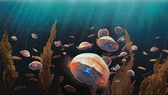 An artistic interpretation of how robotic jellyfish were released into the sea.