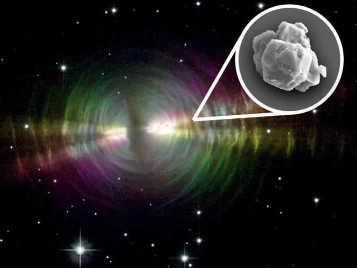 Dust-rich outflows of evolved stars similar to the pictured Egg Nebula are plausible sources of the large presolar silicon carbide grains found in meteorites like Murchison. CREDIT Image courtesy NASA, W. Sparks (STScI) and R. Sahai (JPL). Inset: SiC grain with ~8 micrometers in its longest dimension. Inset image courtesy of Janaína N. Ávila.