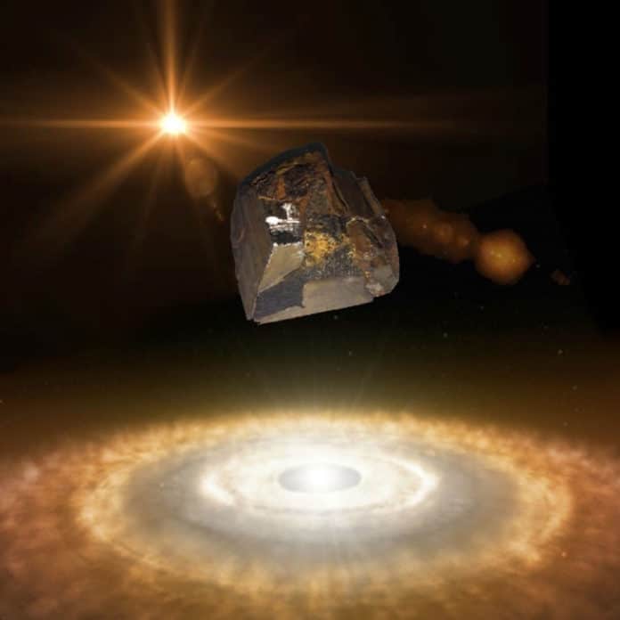 Artistic rendition of a piece of the Mundrabilla meteorite over a protoplanetary nebula; Mundrabilla over Galaxy 4. Image courtesy of James Wampler, UC San Diego (Lens flare from: https://shutr.bz/3bpa4LV; Galactic disc from L. Calcada/ESO: https://bit.ly/2Uv6vNt https://bit.ly/2QGjzyC; Chunk of Mundrabilla, image by James Wampler)