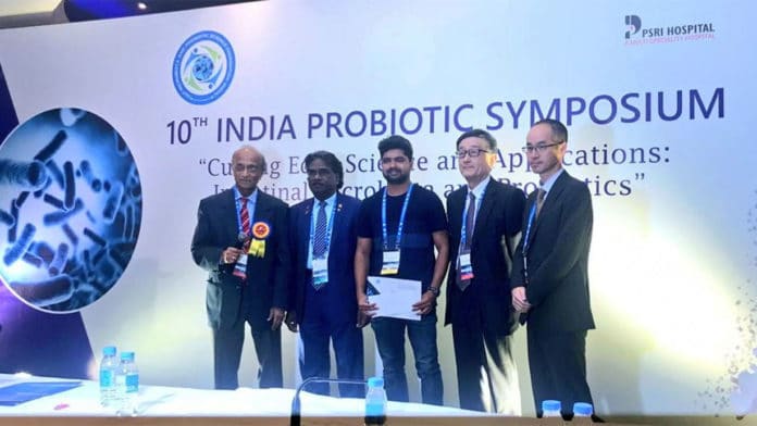 Rahul Bhodkhe of NCCS (centre) received the Young Investigator Award at the 10th India Probiotic Symposium