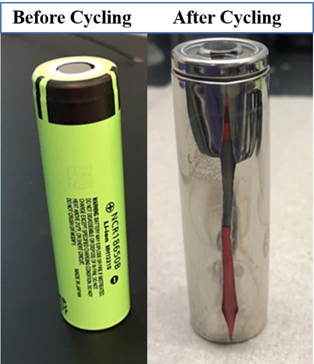 An electric car battery before and after industry standard fast charging. (Ozkan Lab/UCR)