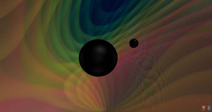 Binary black hole merger where the two black holes have distinctly different masses of about 8 and 30 times that of our Sun. © N. Fischer, H. Pfeiffer, A. Buonanno (Max Planck Institute for Gravitational Physics), Simulating eXtreme Spacetimes project