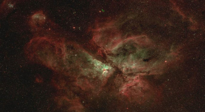 The Great Nebula of Carina, with the position of the bright nova (nova V906 Carinae or ASASSN-18fv) indicated. This is an average of ten 300-second ISO 800 exposures, taken using a Canon 5ds camera on a Takahashi FSQ85ED telescope. Image credit: Fraser Gunn, Observing technician, UC School of Physical and Chemical Sciences, University of Canterbury, on 2 April 2020 at the University of Canterbury Mt John Observatory.