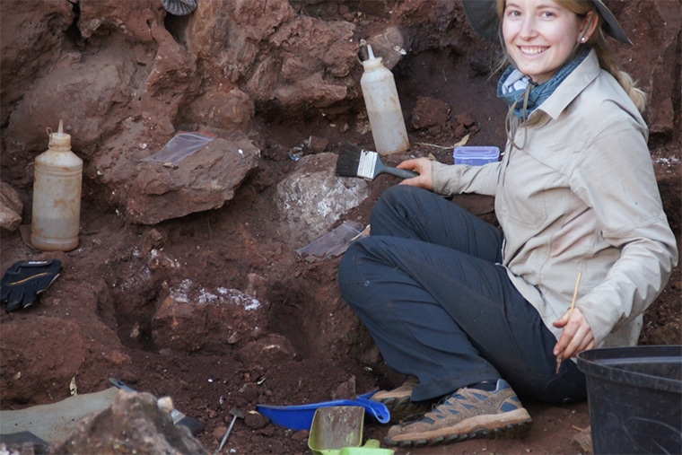 Julia Praeger, a Washington University senior majoring in anthropology and psychological & brain sciences, was one of the students who discovered and excavated a specimen included in this study, identified as DNH 152, a cranium of Paranthropus robustus. (Photo courtesy of David Strait)