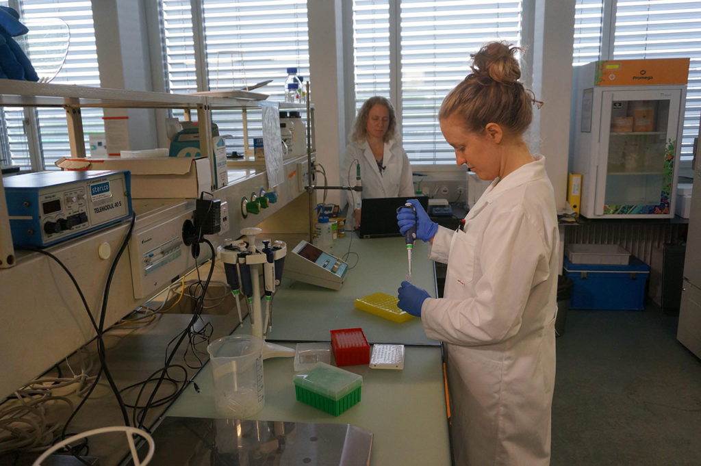 © 2020 Eawag, Andri Bryne / Tamar Kohn EPFL and Carola Bänziger Eawag (right) After careful preparation of the samples, a search is carried out to find information on the RNA of the new coronavirus.