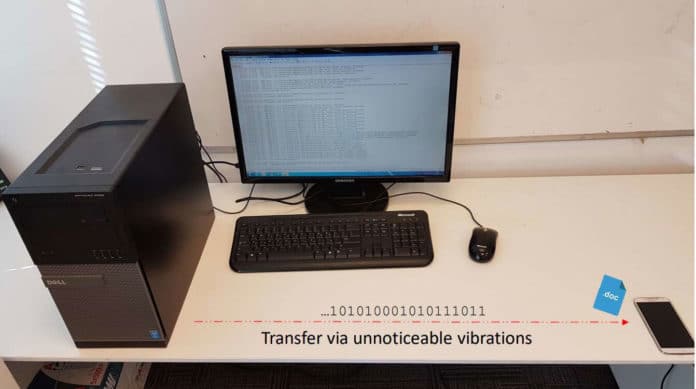 Illustration of the cover channel. The malware in the compromised computer transmits signals to the environment via vibrations induced on the table. A nearby infected smartphone detects the transmission, demodulates and decodes the data, and transfers it to the attacker via the Internet. Credit: arXiv:2004.06195 [cs.CR]
