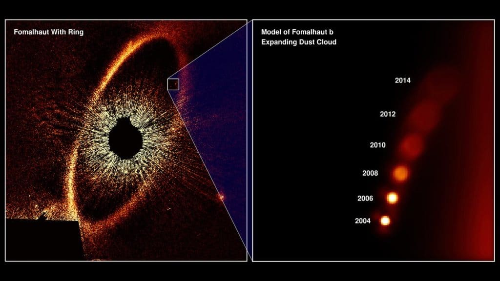 Illustration from the Hubble Space Telescope’s observations of Fomalhaut b’s expanding dust cloud from 2004 to 2013. The cloud was produced in a collision between two large bodies orbiting the bright nearby star Fomalhaut. This is the first time such a catastrophic event around another star has been imaged. Credit: NASA, ESA, and A. Gáspár and G. Rieke (University of Arizona)