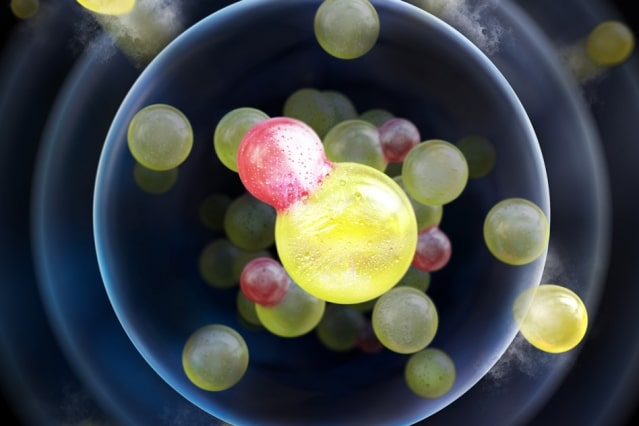 A new refrigerator for molecules. Sodium atoms (yellow spheres) collide with sodium-lithium molecules (combined-yellow-red-spheres). The atom-molecule mixture is trapped in an optical trap whose effective edge is shown as a white rim. As the trap is loosened (depicted as a dimmer rim), the most energetic sodium atoms leave the trap, providing evaporative cooling. The cooling is transferred to the molecules via elastic collisions. The frost on the molecules indicates that they have reached a temperature of 200 billionths of a degree Kelvin.  Figure credit: Pilsu Heo at Micropicture (South Korea)
