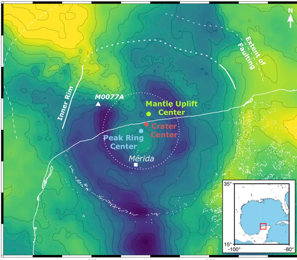 Gravity map showing asymmetries in the Chicxulub crater reflect the asteroid's impact angle
