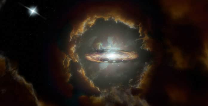 Artist impression of the Wolfe Disk, a massive rotating disk galaxy in the early, dusty universe. The galaxy was initially discovered when ALMA examined the light from a more distant quasar (top left). Credit: NRAO/AUI/NSF, S. Dagnello