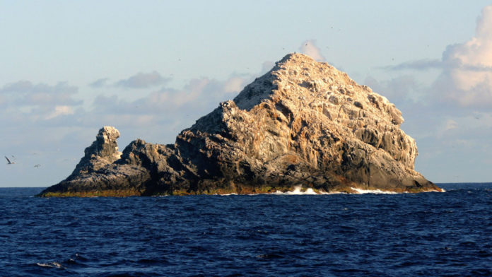 The only remnants of Pūhāhonu that are above sea level (Gardner Pinnacles). Credit: NOAA.