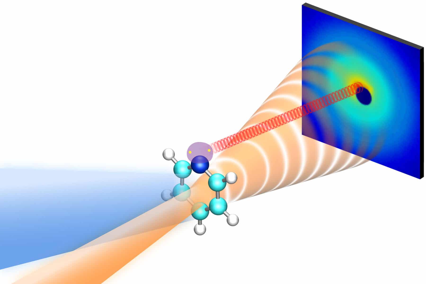 With previous methods, researchers could watch the nitrogen atom in a pyridine molecule bend up and down when excited by light. With this new method, they were also able to see changes in electron density happening at the same time. Blue bubbles depict decreasing electron density while red show increasing relative to unexcited pyridine. (Jimmy Yu/Stanford University)