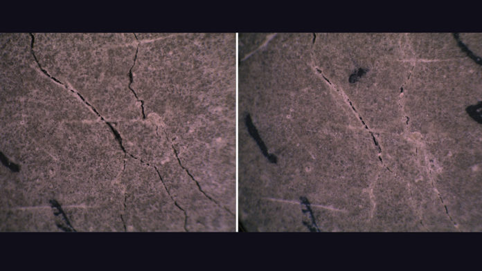 An experiment shows concrete healing its own cracks within 28 days. A publication on this work is forthcoming. (Purdue University images/Cihang Huang)