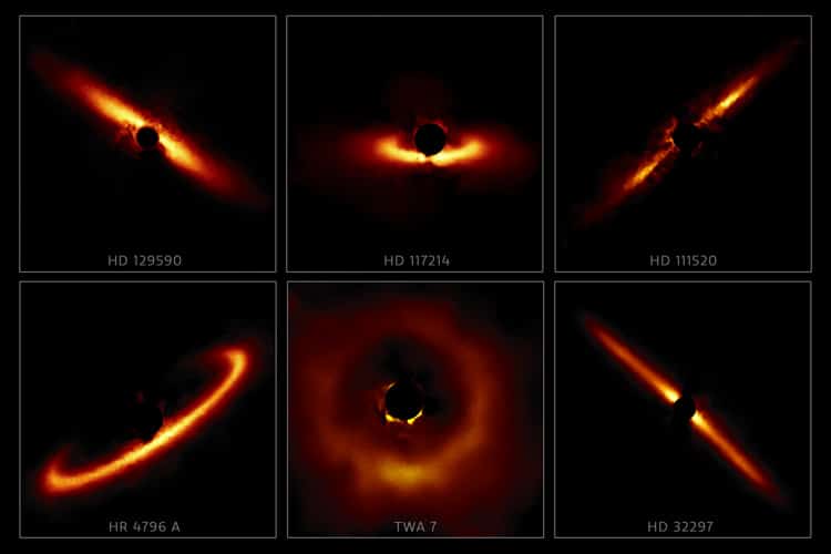 Six of the 26 circumstellar disks from the Gemini Planet Imager survey, highlighting the diversity of shapes and sizes these disks can take and showing the outer reaches of star systems in their formative years.