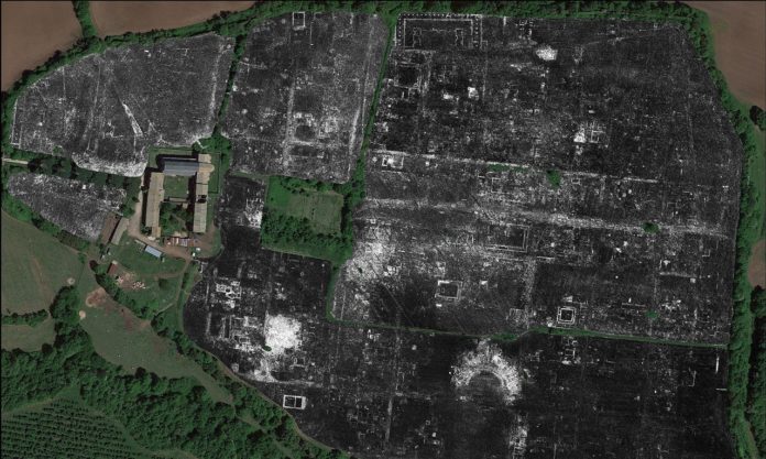 A slice of ground penetrating radar data from Falerii Novi, revealing the outlines of the town’s buildings. Credit: L. Verdonck