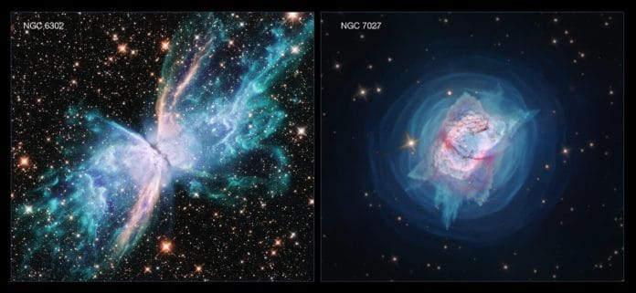 These two new images from the Hubble Space Telescope depict two nearby young planetary nebulae, NGC 6302, dubbed the Butterfly Nebula, and NGC 7027, which resembles a jewel bug. Both are among the dustiest planetary nebulae known and both contain unusually large masses of gas.