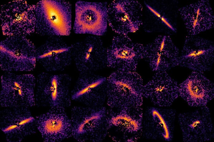 This figure shows the dust rings around young stars captured by the Gemini Planet Imager Exoplanet Survey, or GPIES. The rings show a diversity of shapes and sizes, made more extreme by the different projections of the rings on the sky.