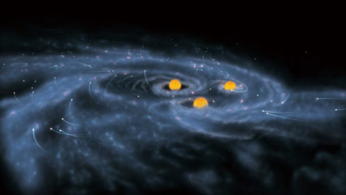 Artist’s impression of the formation of supermassive stars which evolve into a supermassive black hole.