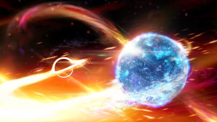 Artist impression of a mysterious astrophysical object just prior to merging with a black hole nine times its size. The event created gravitational waves detected on earth and now astronomers are puzzling over whether they have discovered the heaviest neutron star or the lightest black hole ever observed.