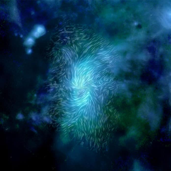 A composite image of the central region of our Milky Way galaxy, known as Sagittarius A. SOFIA found that magnetic fields, shown as streamlines, are strong enough to control the material moving around the black hole, even in the presence of enormous gravitational forces.