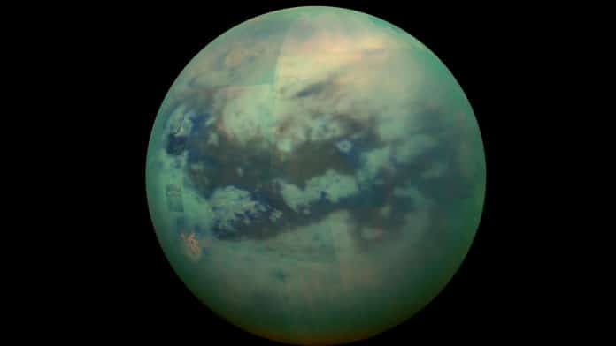This composite image shows an infrared view of Saturn's moon Titan from NASA's Cassini spacecraft, acquired during the mission's 