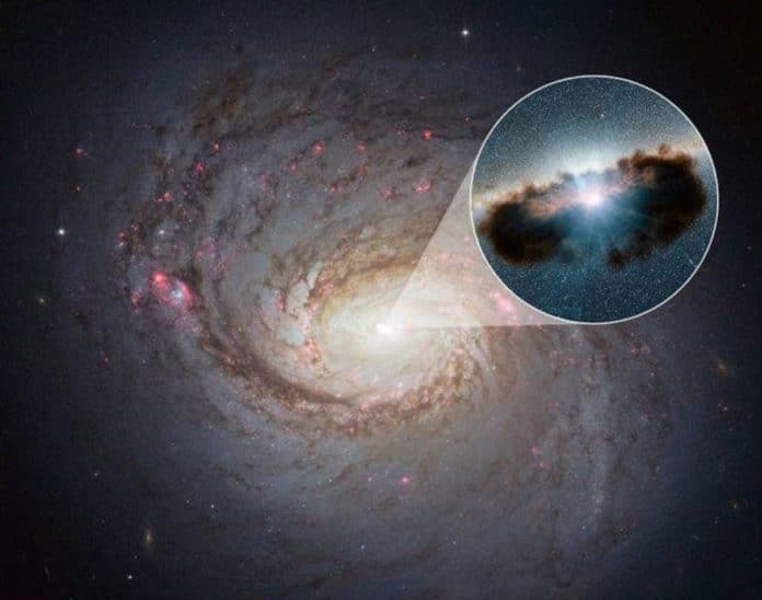 NASA Hubble Space Telescope image of Galaxy NGC 1068 with its active black hole shown as an illustration in the zoomed-in inset. A new model suggests that the corona around such supermassive black holes could be the source of high-energy cosmic neutrinos observed by the IceCube Neutrino Observatory.