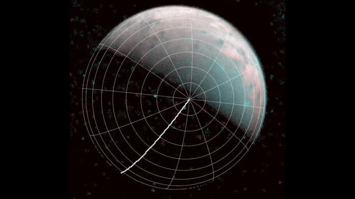 The north pole of Ganymede can be seen in center of this annotated image taken by the JIRAM infrared imager aboard NASA's Juno spacecraft on Dec. 26, 2019. The thick line is 0-degrees longitude.