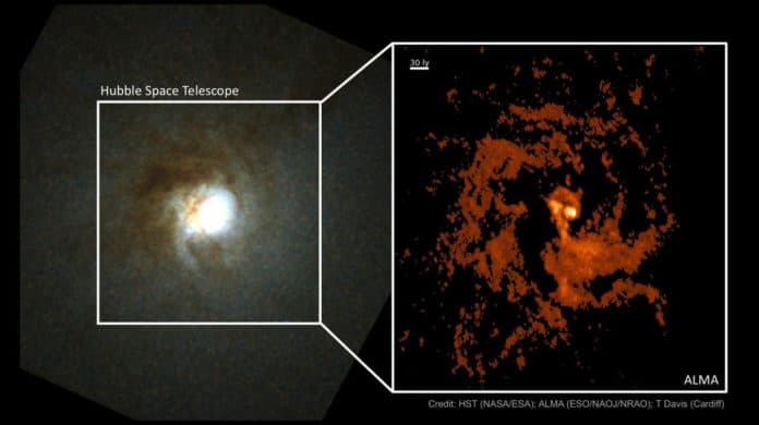 On the left is shown a colour composite Hubble Space Telescope image of the centre of `Mirachs Ghost'. On the right is shown the new ALMA image of this same region, revealing the distribution of the cold, dense gas that swirls around this centre of this object in exquisite detail