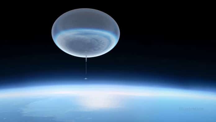 This illustration shows a high-altitude balloon ascending into the upper atmosphere.