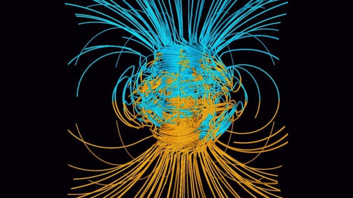 A computer simulation of the Earth’s magnetic field, which is generated by heat transfer in the Earth’s core