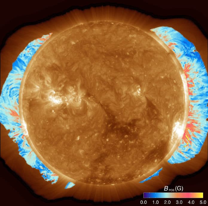 A map of the coronal magnetic field strength superimposed on a coronal image taken by the AIA instrument on the Solar Dynamics Observatory