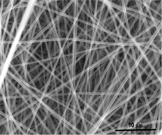 Scanning electron microscope image of a material for energy storage made from upcycled plastic bottles.